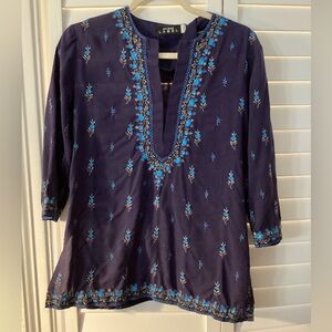 Ritu Kumar Deep Blue Tunic with Floral Embroidery Deep V Neck Size 3